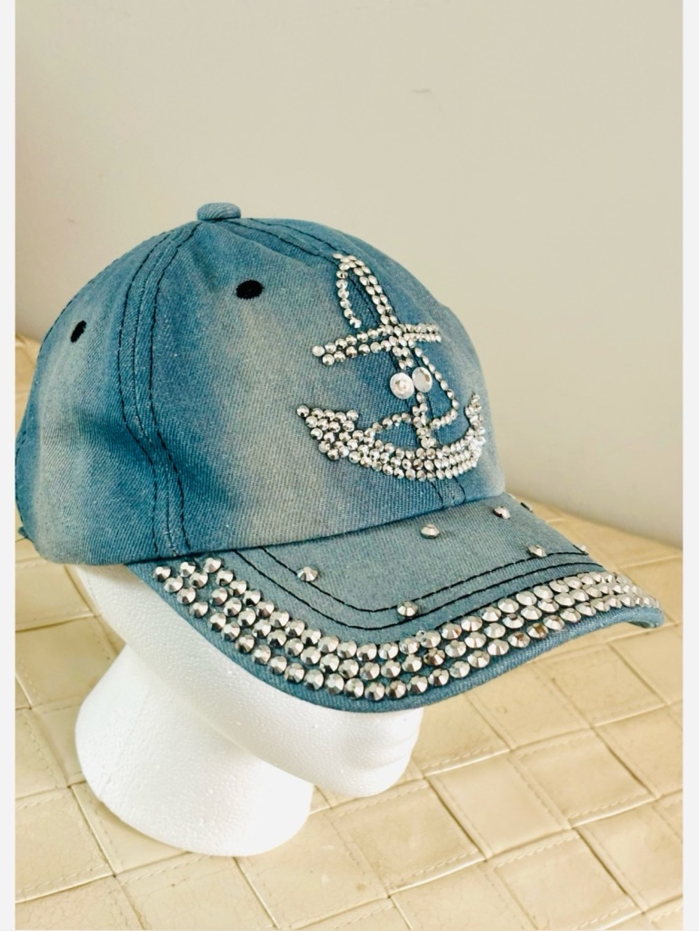 100% Cotton Blue Denim Baseball Cap  - Bright Sequins and Anchor Statement-NWT